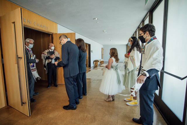 Hal Karp, Eli Karp, Rabbi David Stern, Rabbi Paley, Sam Sibaja, Tova Sibaja, all await the beginning of the wedding ceremony.